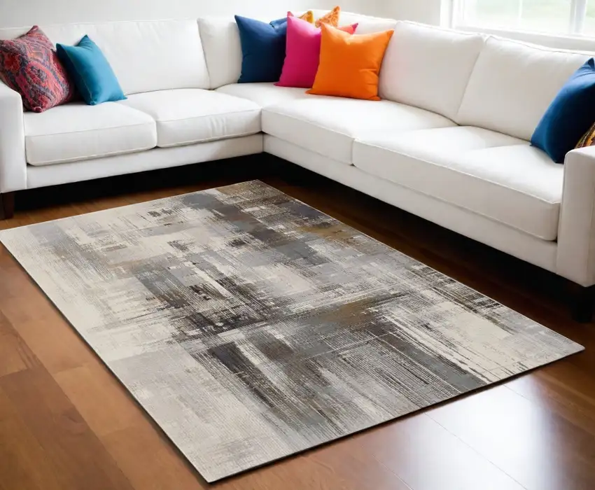 Ivory Gray and Brown Abstract Power Loom Area Rug Photo 1