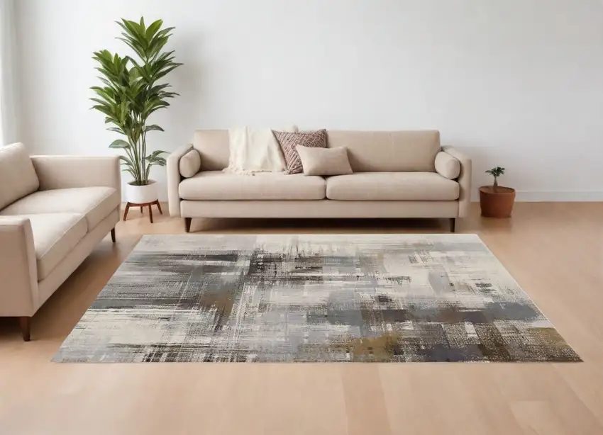 Ivory Gray and Brown Abstract Power Loom Area Rug Photo 1