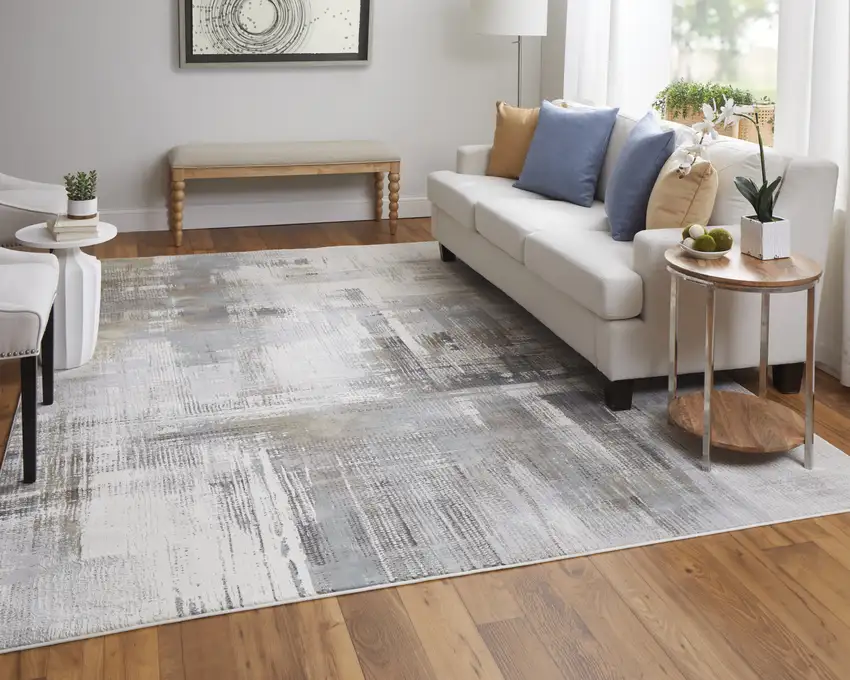 Ivory Gray and Brown Abstract Power Loom Area Rug Photo 9