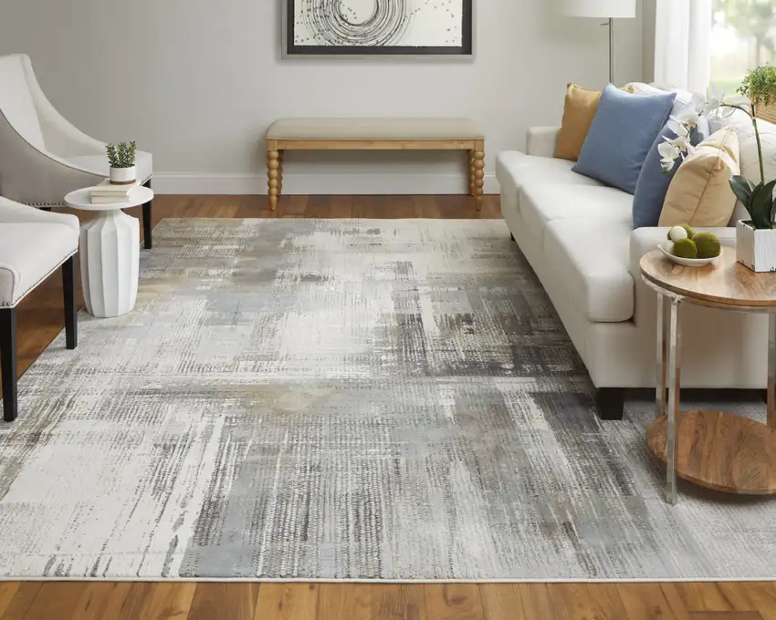 Ivory Gray and Brown Abstract Power Loom Area Rug Photo 9