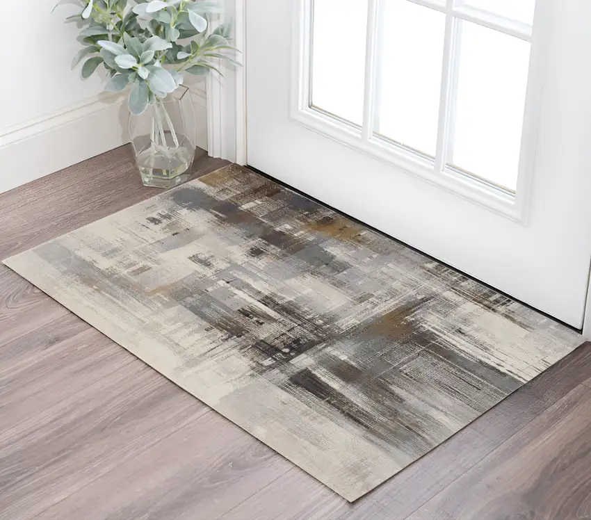 Ivory Gray and Brown Abstract Power Loom Area Rug Photo 1
