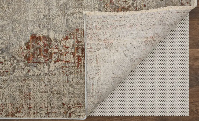 Ivory Gray and Brown Abstract Power Loom Worn Faded Area Rug With Fringe Photo 6