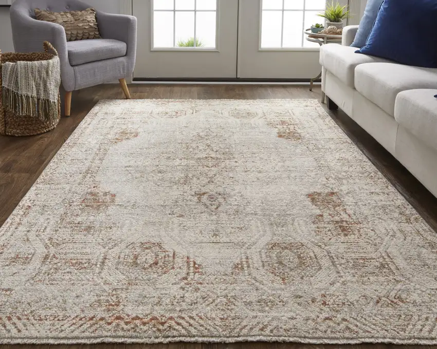 Ivory Gray and Brown Abstract Power Loom Worn Faded Area Rug With Fringe Photo 8