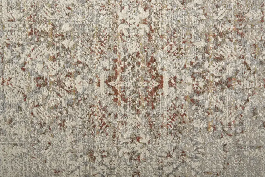 Ivory Gray and Brown Abstract Power Loom Worn Faded Area Rug With Fringe Photo 9