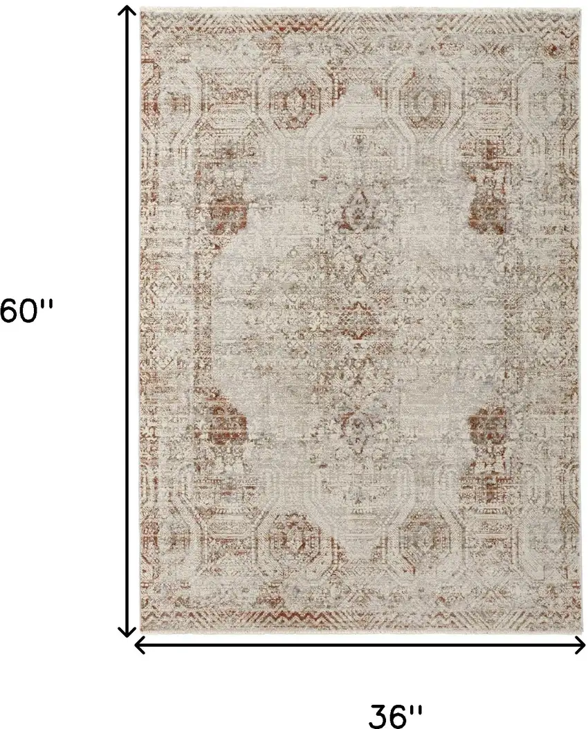 Ivory Gray and Brown Abstract Power Loom Worn Faded Area Rug With Fringe Photo 3