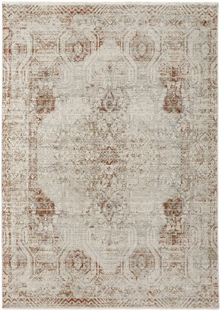 Ivory Gray and Brown Abstract Power Loom Worn Faded Area Rug With Fringe Photo 2