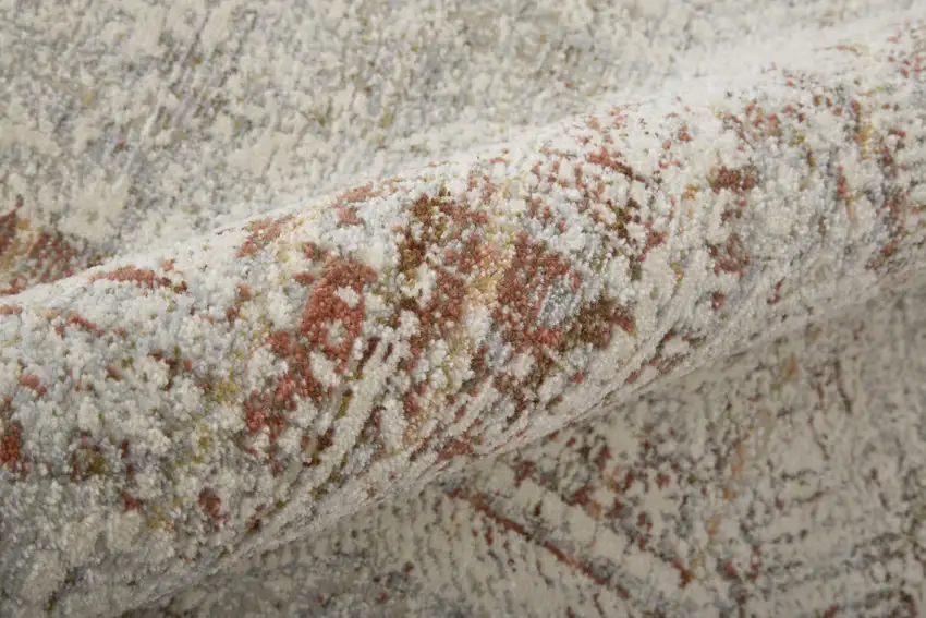 Ivory Gray and Brown Abstract Power Loom Worn Faded Area Rug With Fringe Photo 4