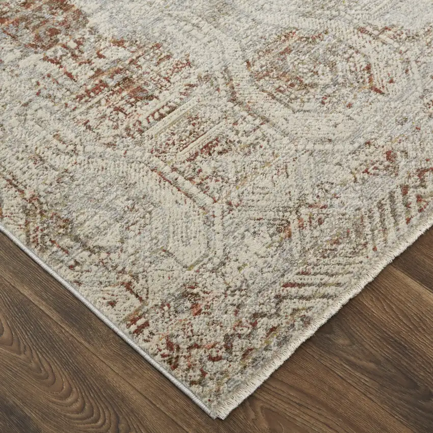 Ivory Gray and Brown Abstract Power Loom Worn Faded Area Rug With Fringe Photo 7