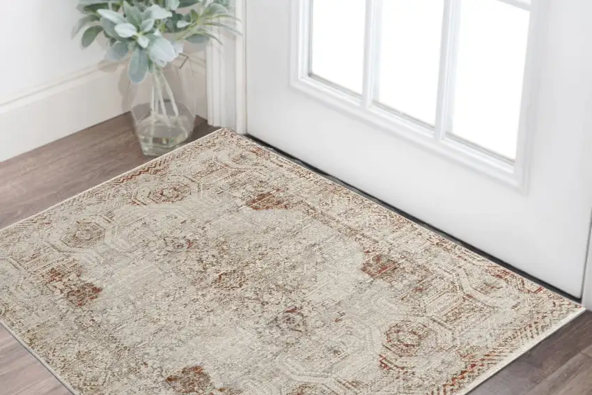 Ivory Gray and Brown Abstract Power Loom Worn Faded Area Rug With Fringe Photo 1