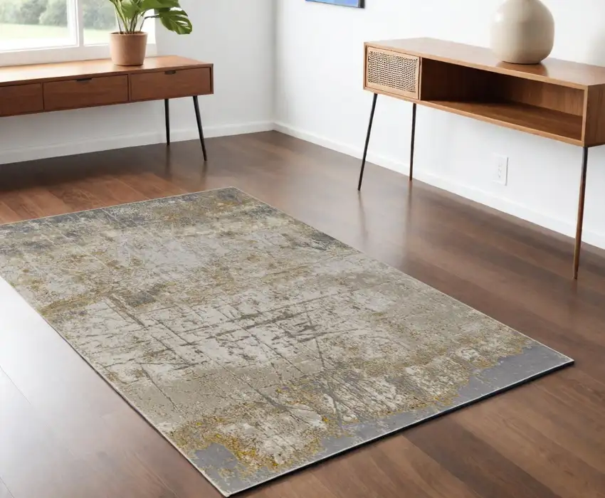 Ivory Gray and Brown Abstract Power Loom Worn Faded Area Rug Photo 2