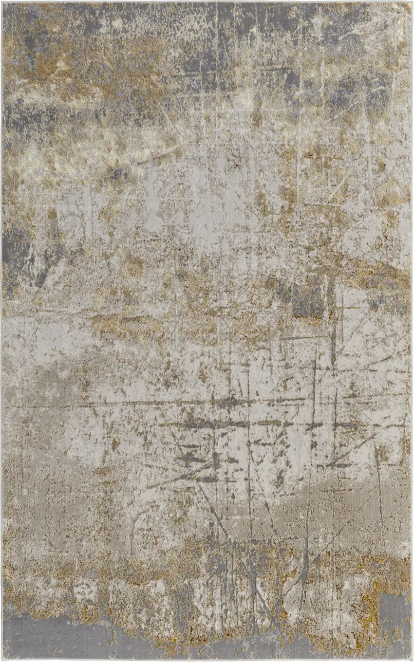 Ivory Gray and Brown Abstract Power Loom Worn Faded Area Rug Photo 3