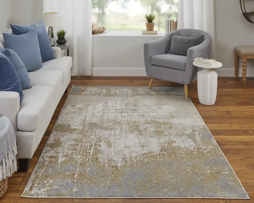 Ivory Gray and Brown Abstract Power Loom Worn Faded Area Rug Photo 9