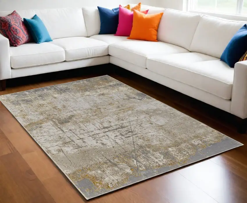 Ivory Gray and Brown Abstract Power Loom Worn Faded Area Rug Photo 1