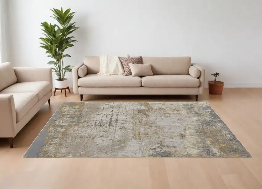 Ivory Gray and Brown Abstract Power Loom Worn Faded Area Rug Photo 1