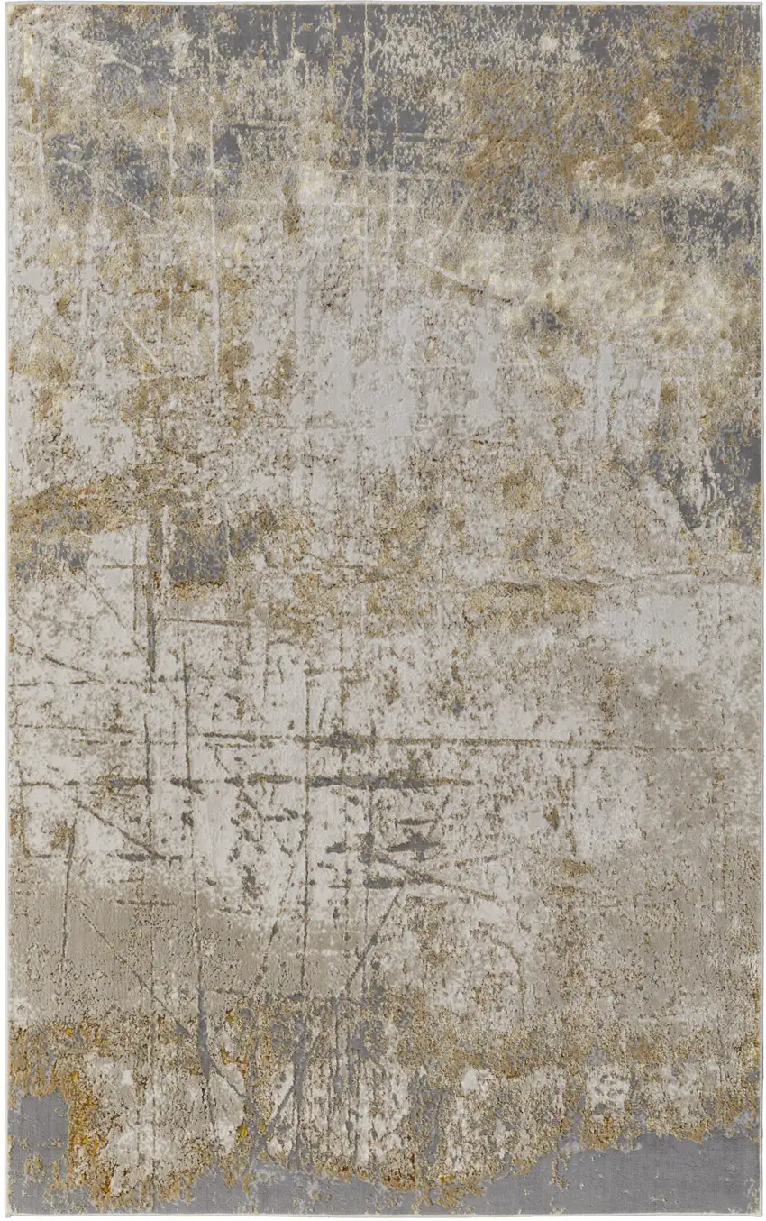 Ivory Gray and Brown Abstract Power Loom Worn Faded Area Rug Photo 2