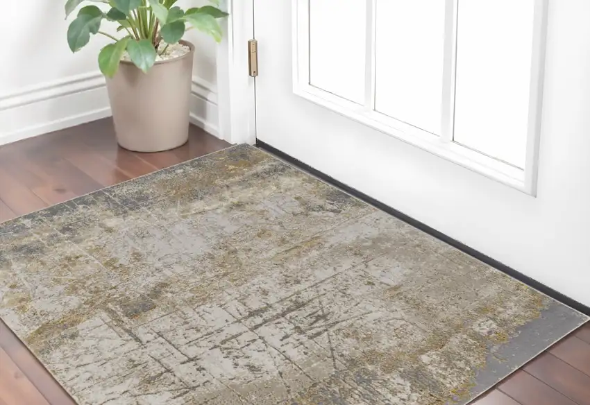 Ivory Gray and Brown Abstract Power Loom Worn Faded Area Rug Photo 1