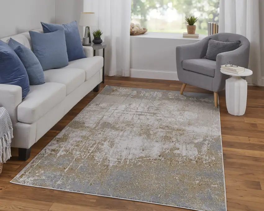 Ivory Gray and Brown Abstract Power Loom Worn Faded Area Rug Photo 8