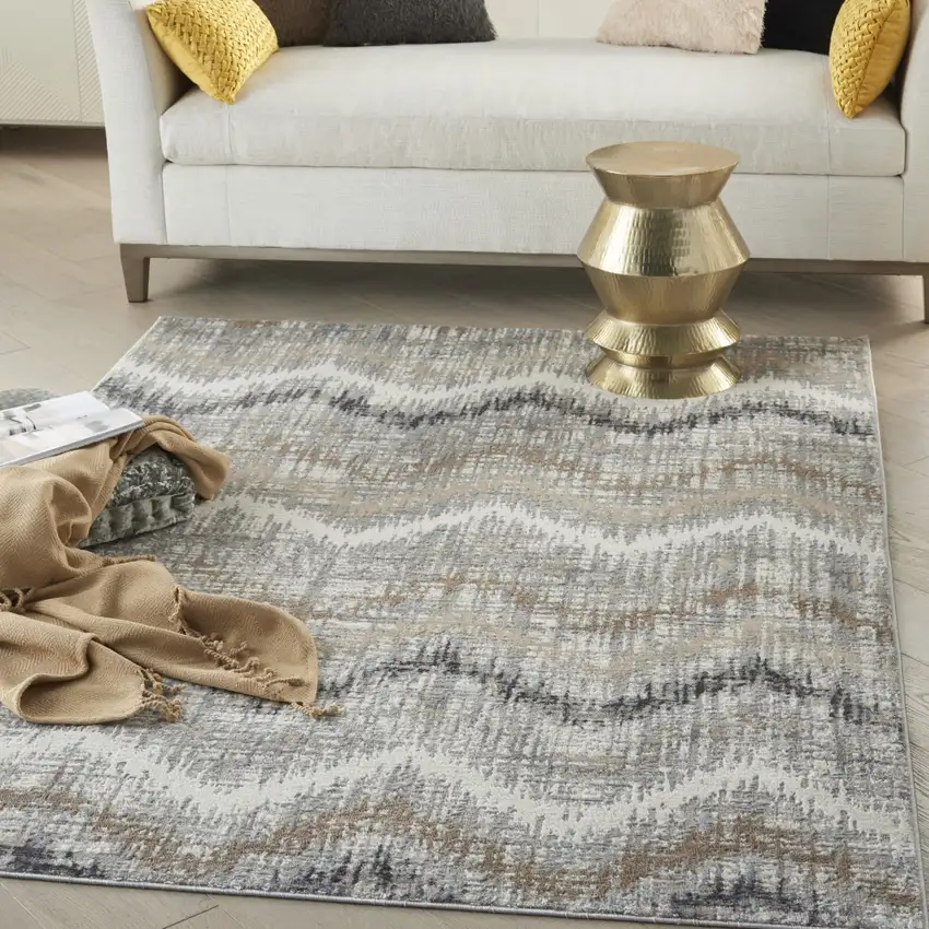 Ivory Gray and Brown Chevron Non Skid Area Rug Photo 3
