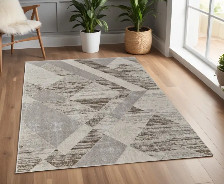 Ivory Gray and Brown Geometric Power Loom Area Rug Photo 1