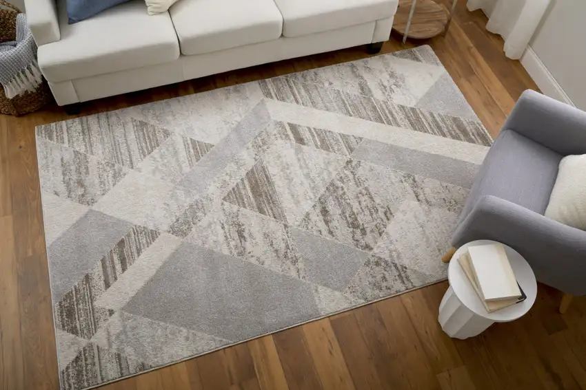 Ivory Gray and Brown Geometric Power Loom Area Rug Photo 8