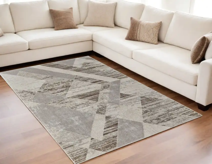 Ivory Gray and Brown Geometric Power Loom Area Rug Photo 1