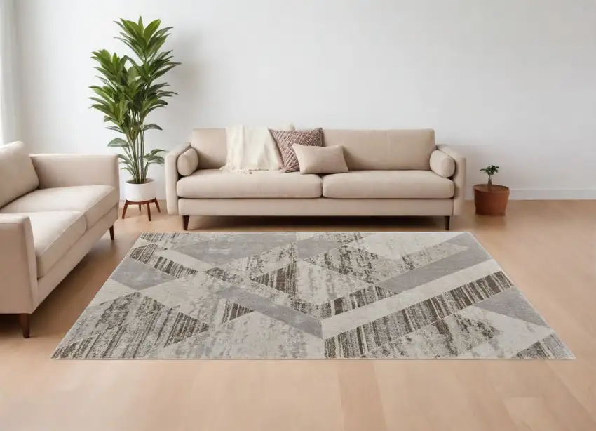 Ivory Gray and Brown Geometric Power Loom Area Rug Photo 1