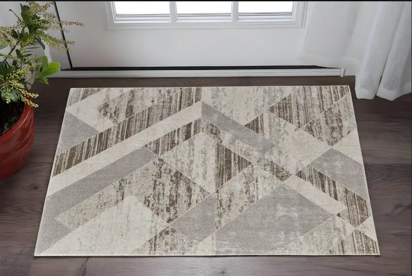 Ivory Gray and Brown Geometric Power Loom Area Rug Photo 1