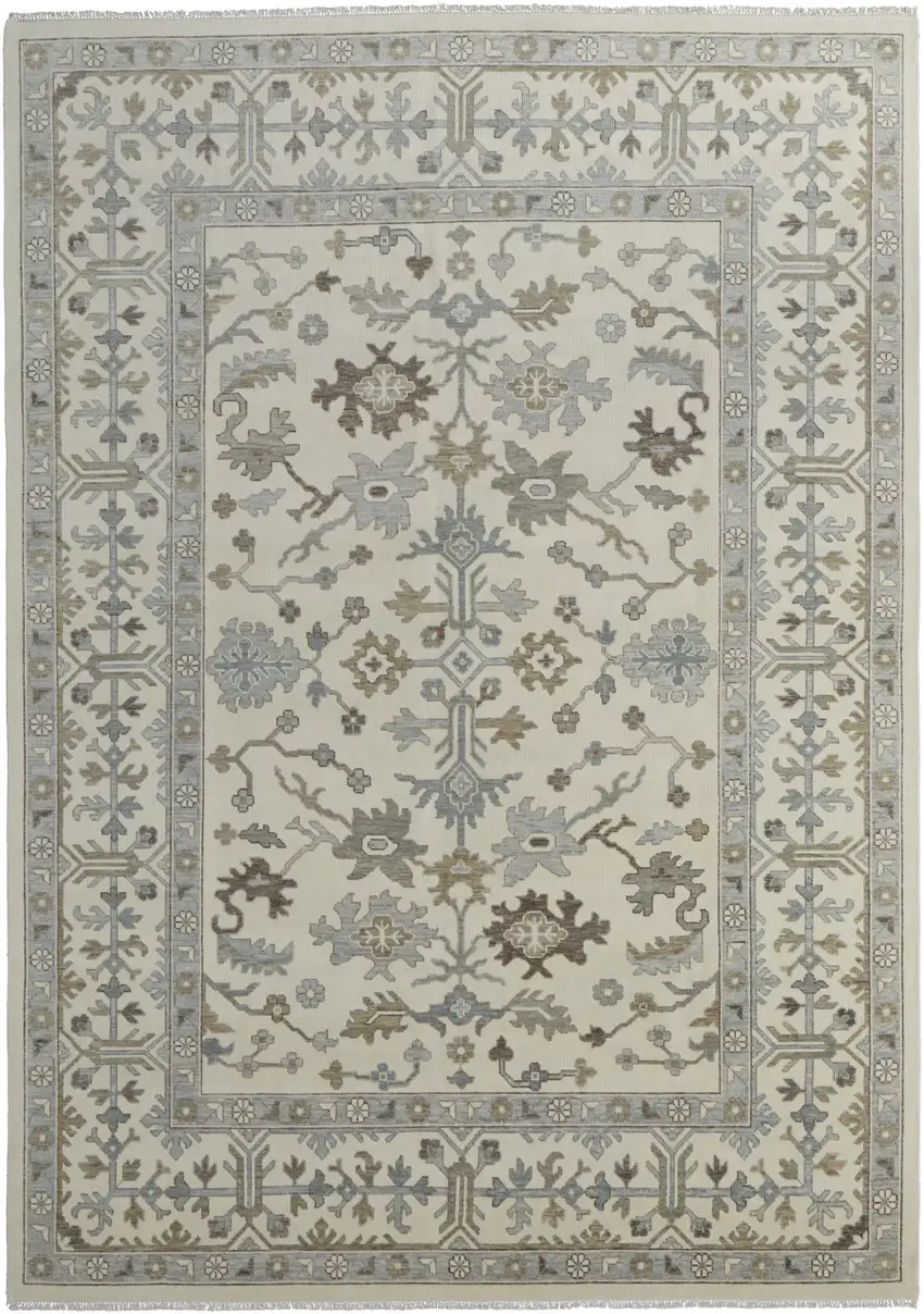 Ivory Gray and Brown Wool Floral Hand Knotted Area Rug With Fringe Photo 4