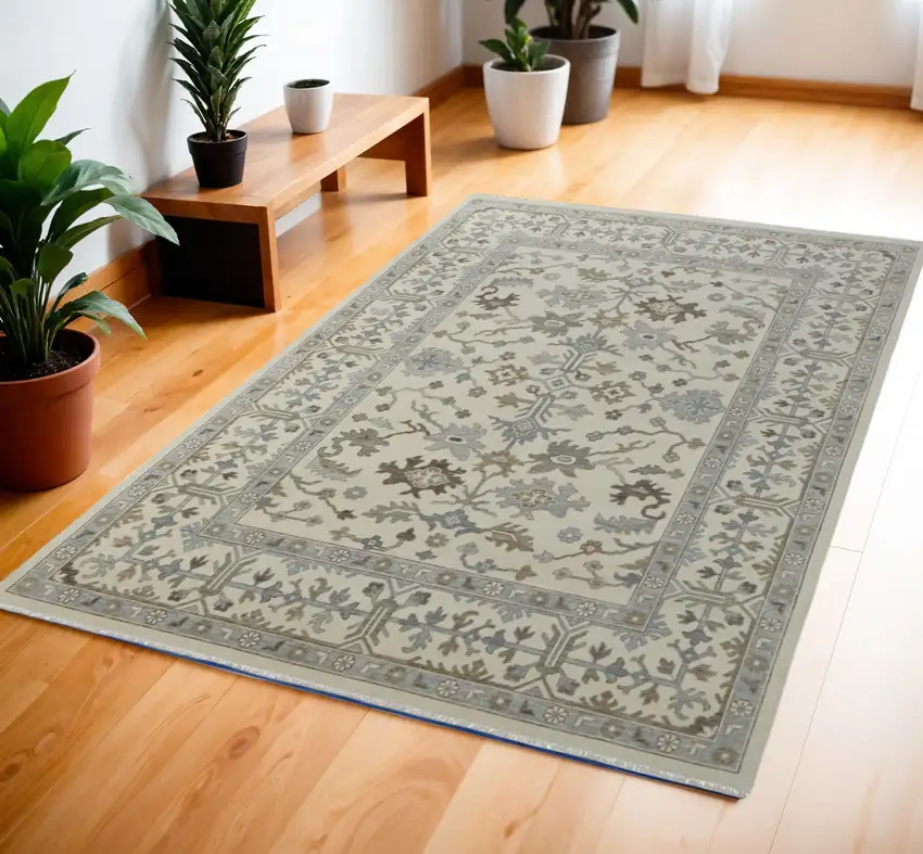 Ivory Gray and Brown Wool Floral Hand Knotted Area Rug With Fringe Photo 1