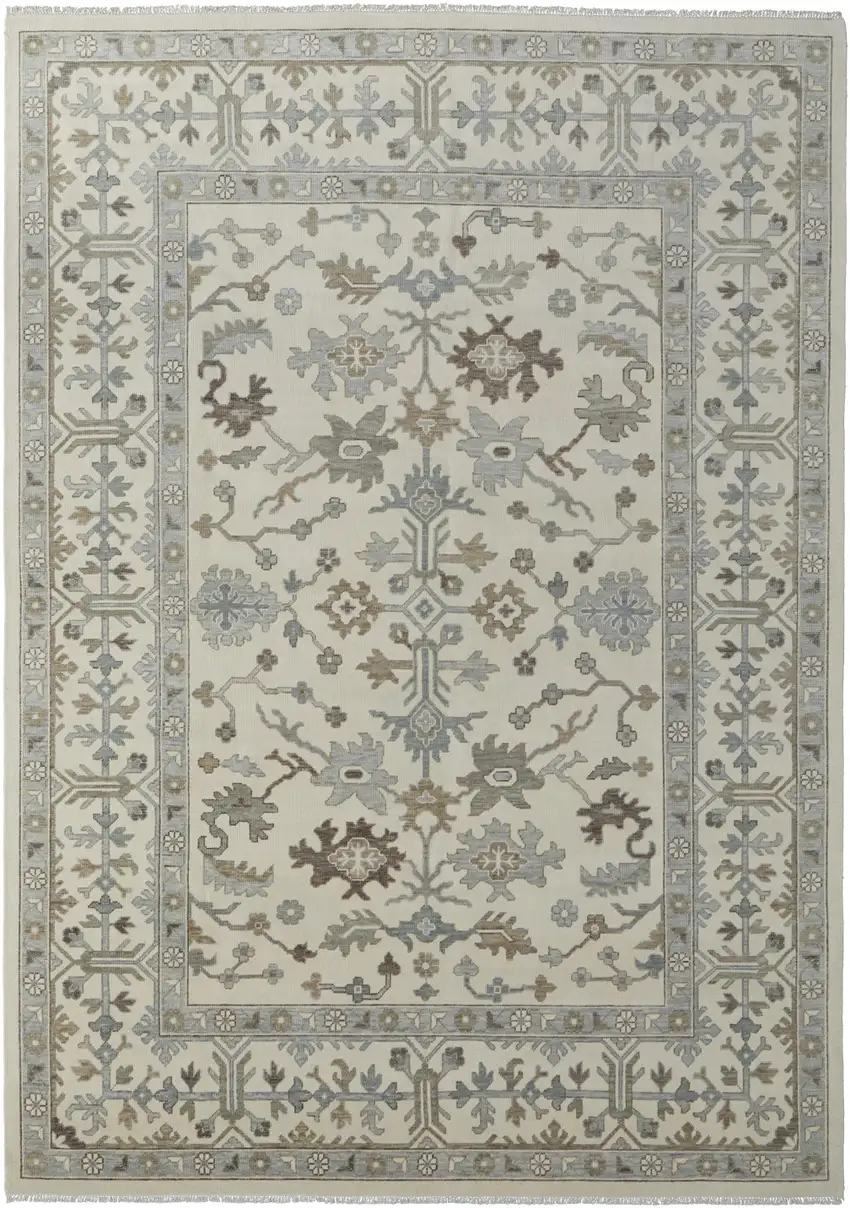 Ivory Gray and Brown Wool Floral Hand Knotted Area Rug With Fringe Photo 2
