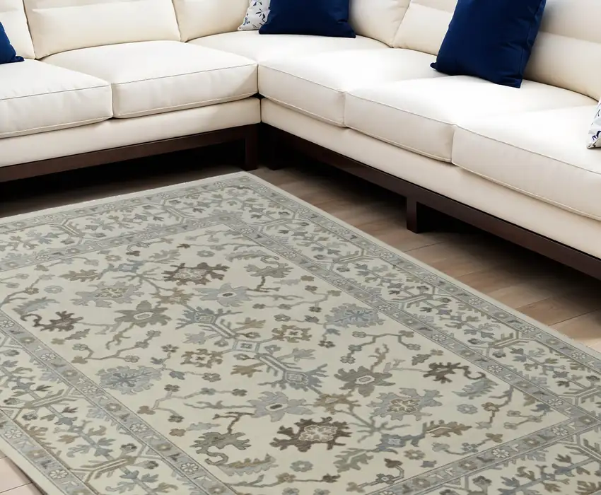 Ivory Gray and Brown Wool Floral Hand Knotted Area Rug With Fringe Photo 1