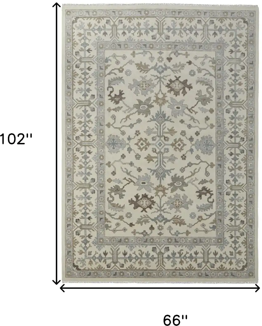 Ivory Gray and Brown Wool Floral Hand Knotted Area Rug With Fringe Photo 3