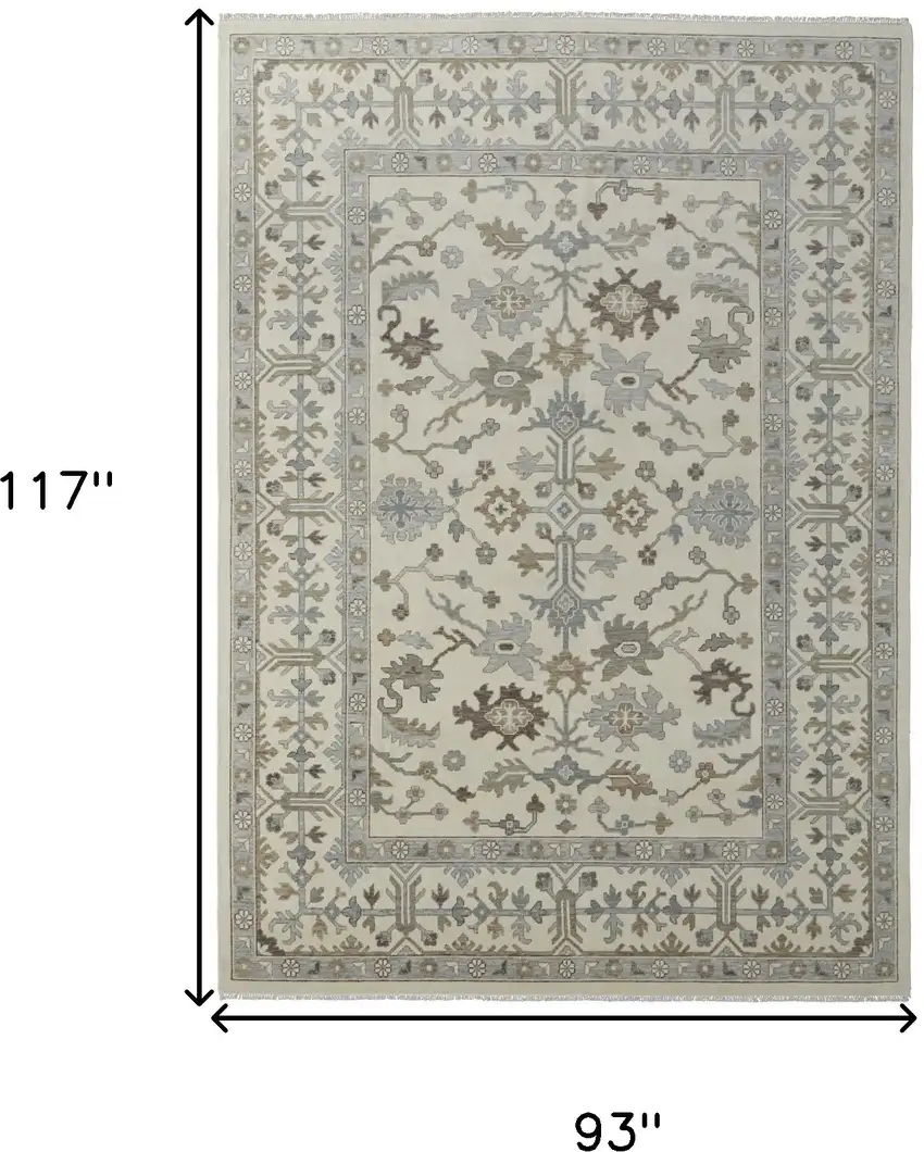 Ivory Gray and Brown Wool Floral Hand Knotted Area Rug With Fringe Photo 4