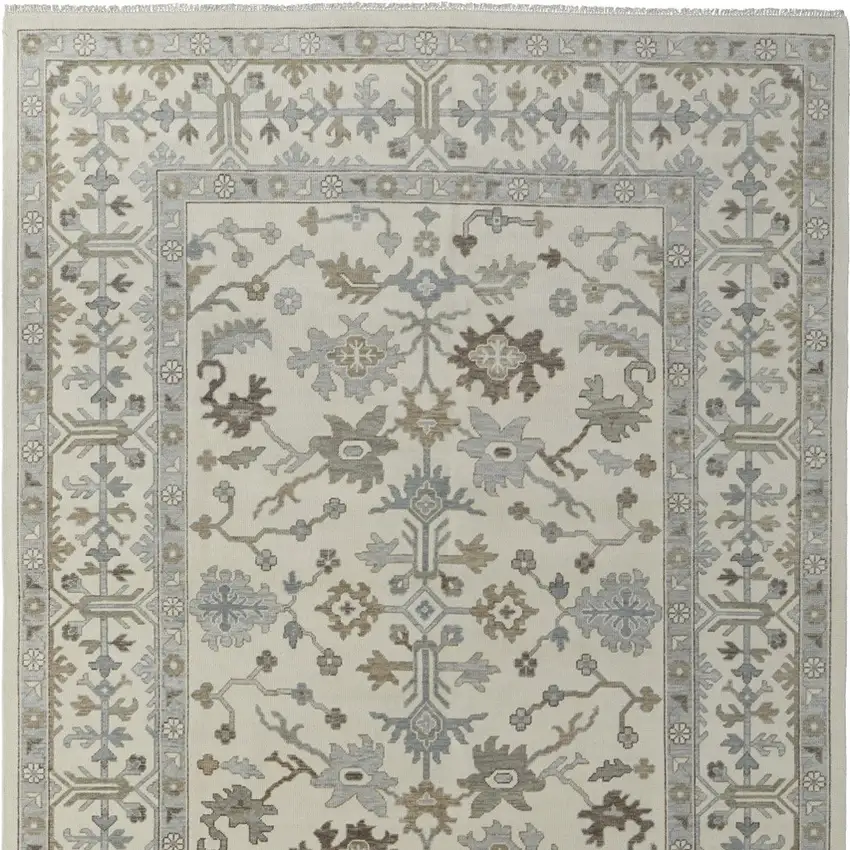 Ivory Gray and Brown Wool Floral Hand Knotted Area Rug With Fringe Photo 5