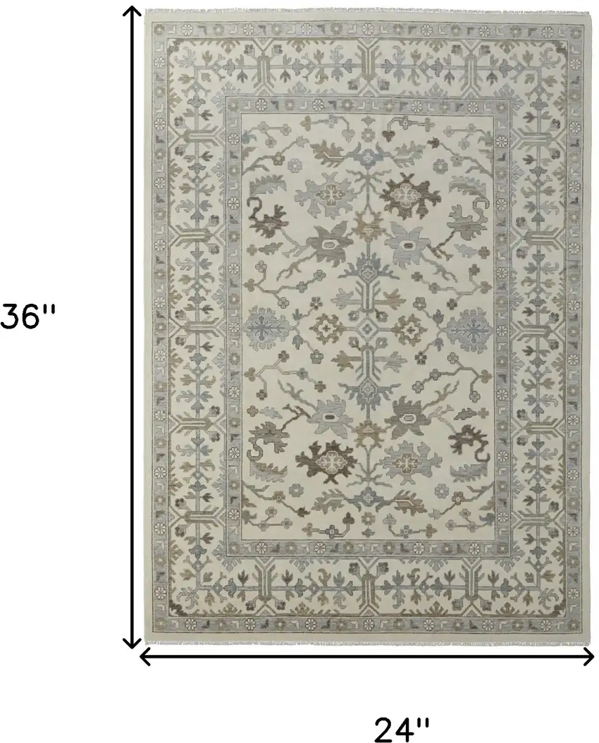 Ivory Gray and Brown Wool Floral Hand Knotted Area Rug With Fringe Photo 3