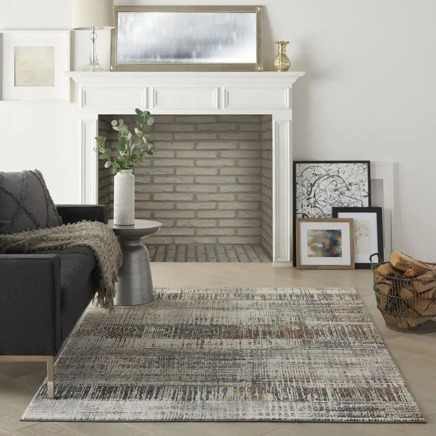 Ivory Gray and Golden Brown Abstract Area Rug Photo 5