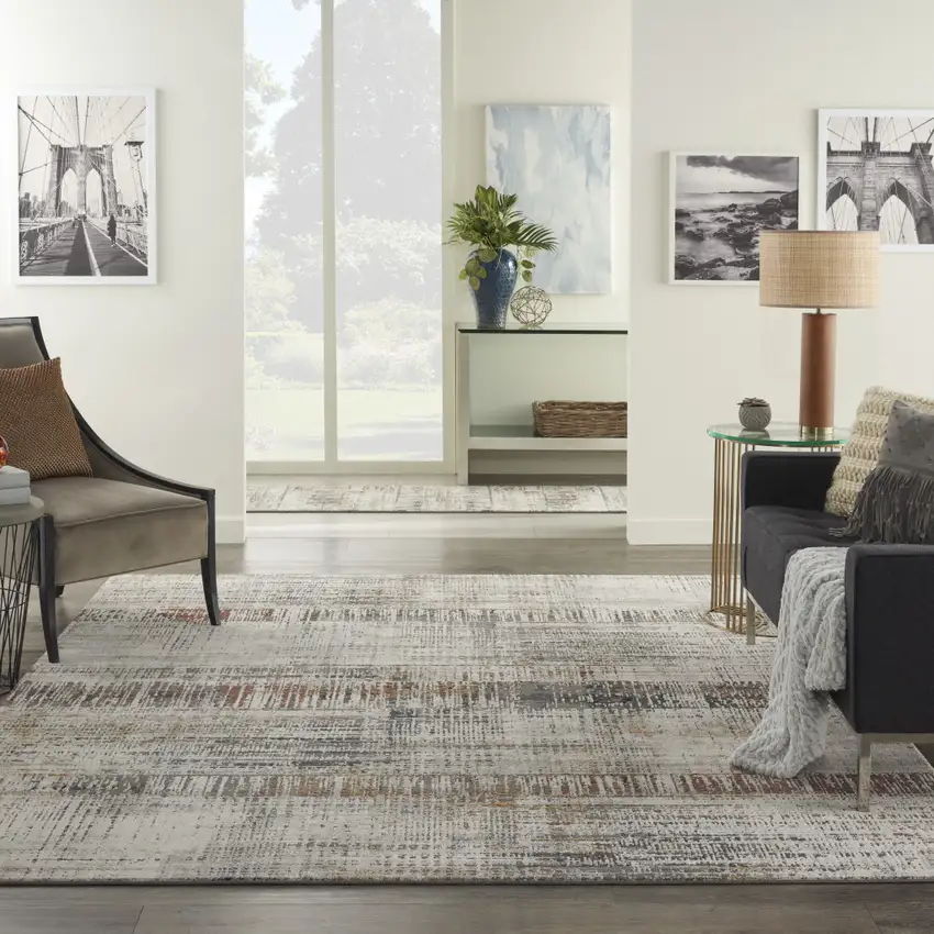 Ivory Gray and Golden Brown Abstract Area Rug Photo 5