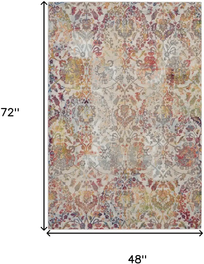 Ivory Gray and Orange Floral Distressed Non Skid Area Rug Photo 3
