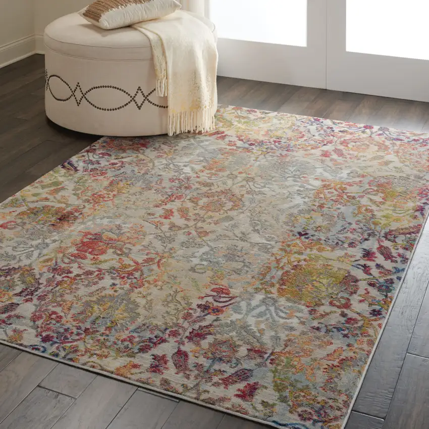 Ivory Gray and Orange Floral Distressed Non Skid Area Rug Photo 5