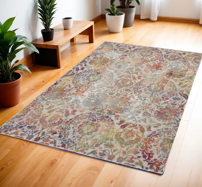 Ivory Gray and Orange Floral Distressed Non Skid Area Rug Photo 1