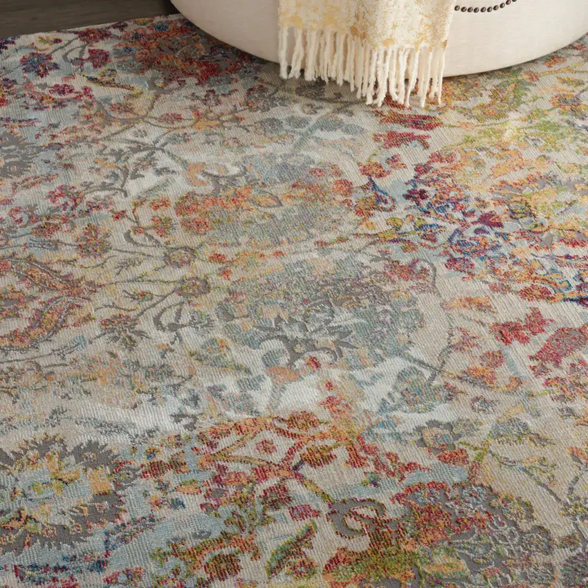Ivory Gray and Orange Floral Distressed Non Skid Area Rug Photo 9