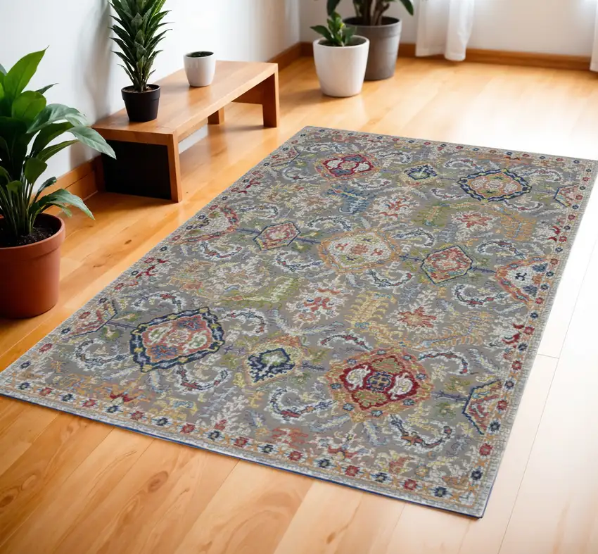 Ivory Gray and Orange Floral Distressed Non Skid Area Rug Photo 1