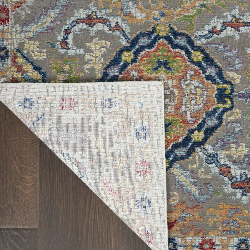 Ivory Gray and Orange Floral Distressed Non Skid Area Rug Photo 6