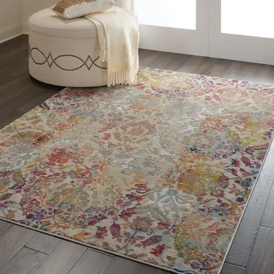 Ivory Gray and Orange Floral Distressed Non Skid Area Rug Photo 6