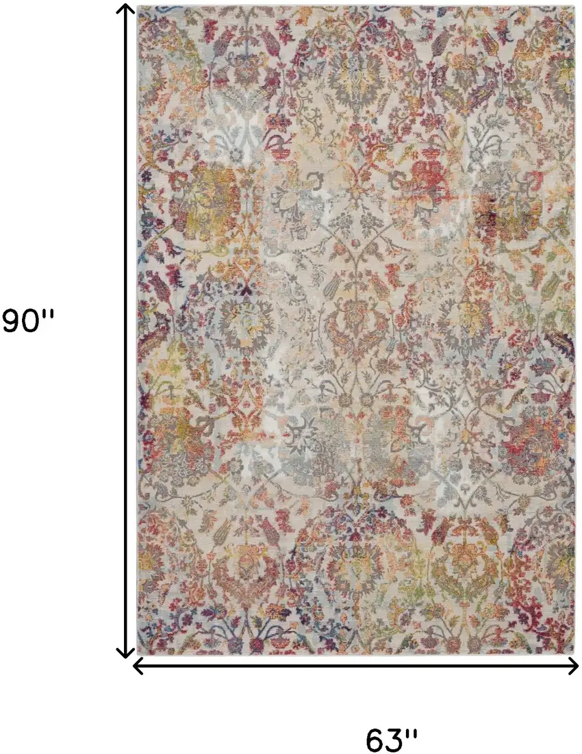 Ivory Gray and Orange Floral Distressed Non Skid Area Rug Photo 3