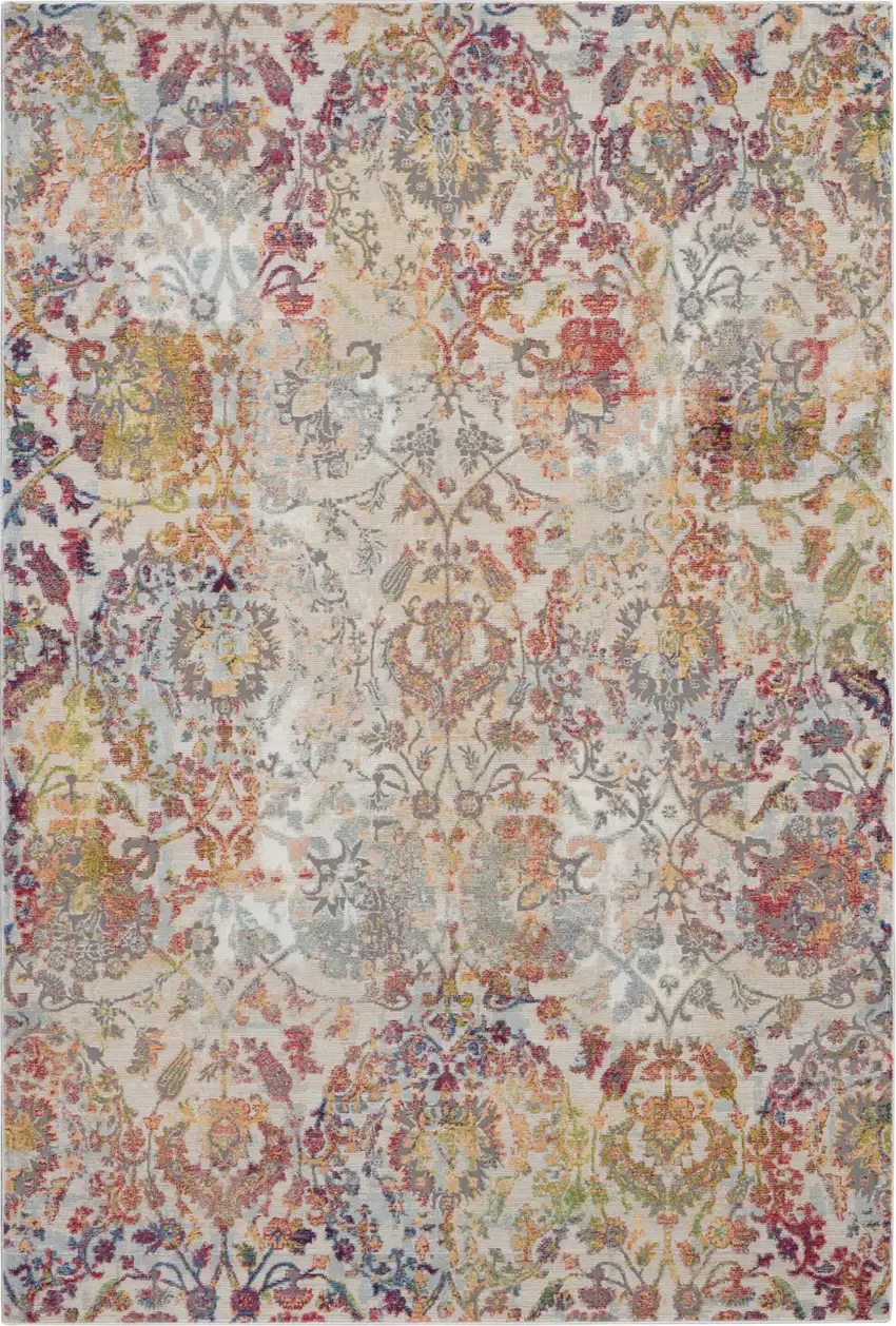 Ivory Gray and Orange Floral Distressed Non Skid Area Rug Photo 8