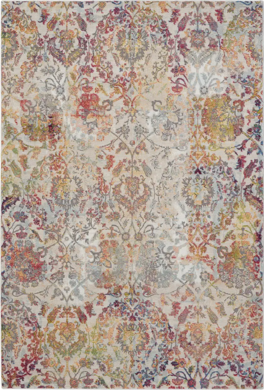 Ivory Gray and Orange Floral Distressed Non Skid Area Rug Photo 6
