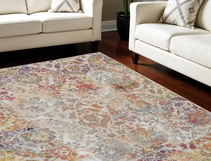 Ivory Gray and Orange Floral Distressed Non Skid Area Rug Photo 1