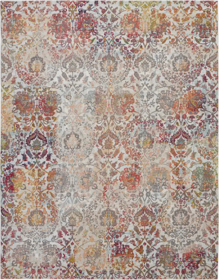 Ivory Gray and Orange Floral Distressed Non Skid Area Rug Photo 2