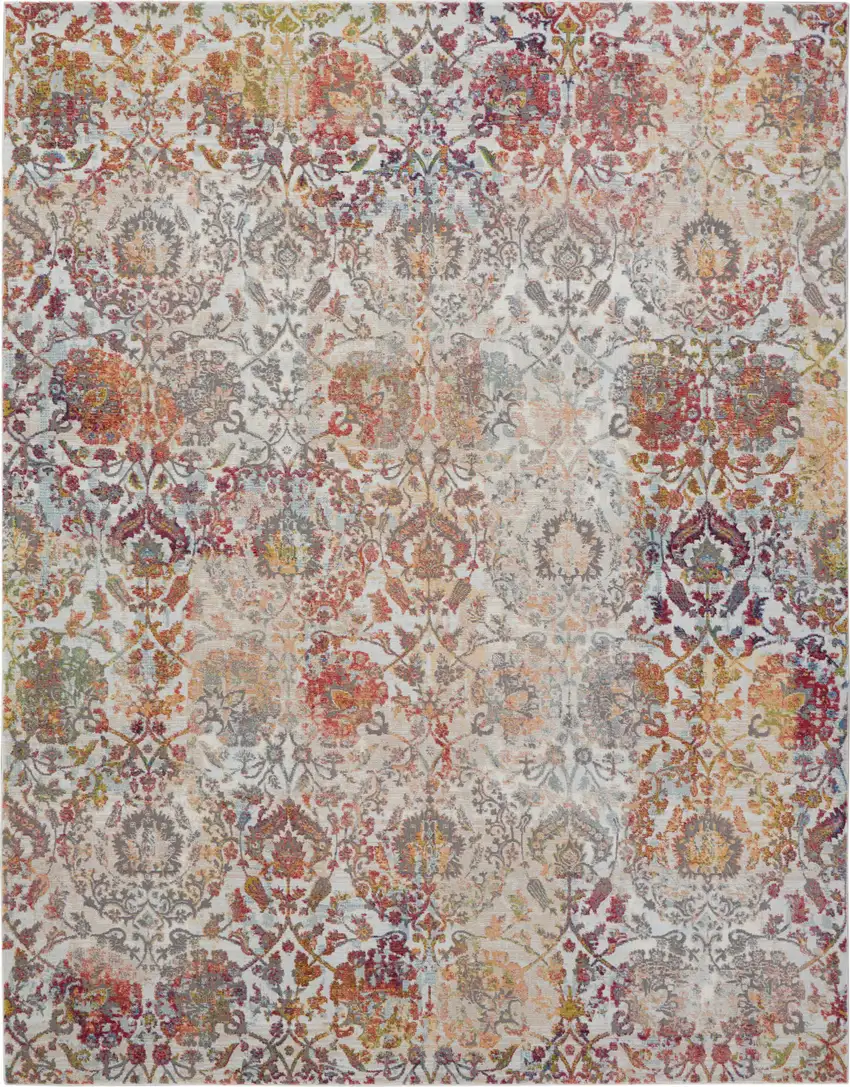 Ivory Gray and Orange Floral Distressed Non Skid Area Rug Photo 4